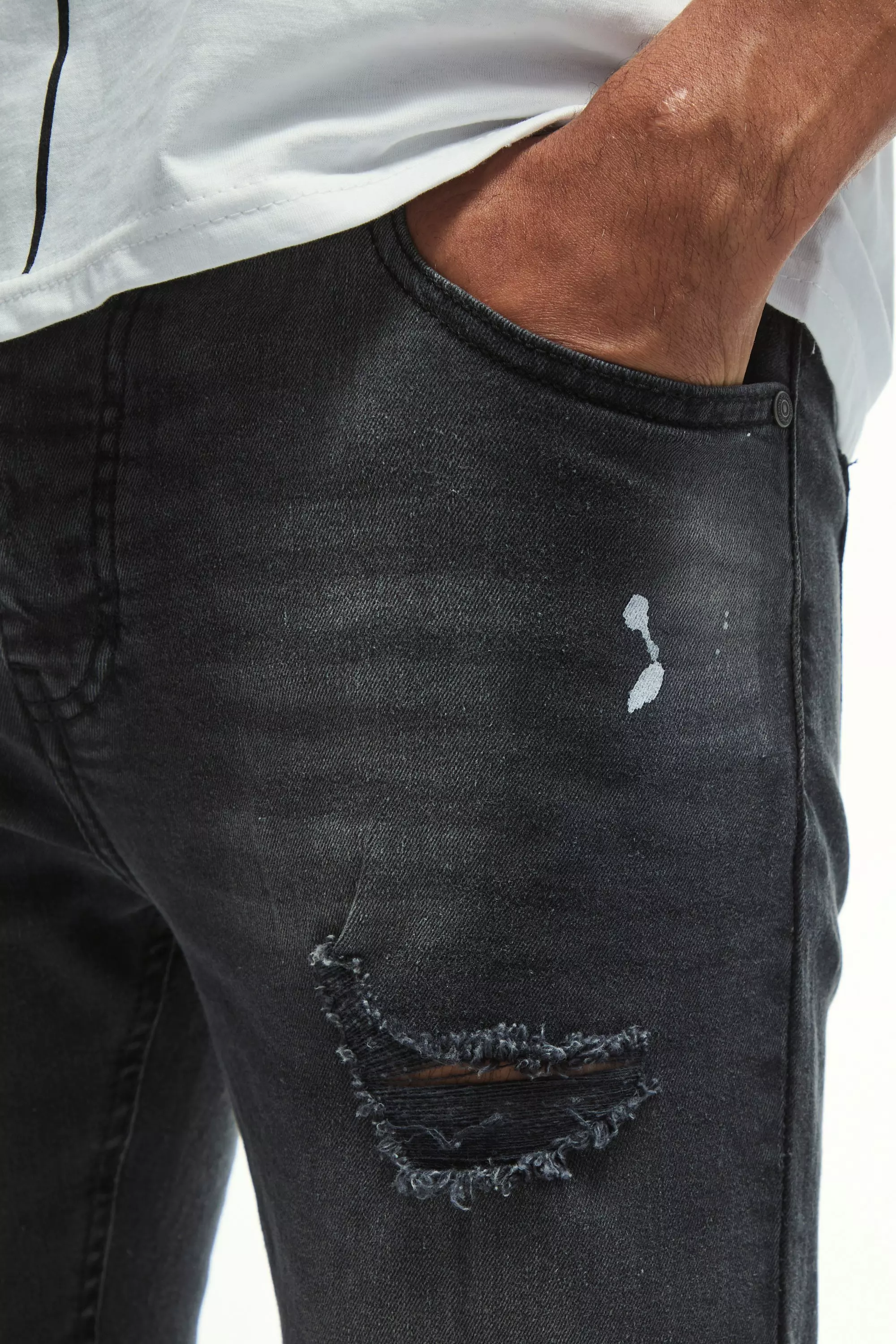 Skinny Stretch Knee Rip Paint Splatter Jeans | boohooMAN USA